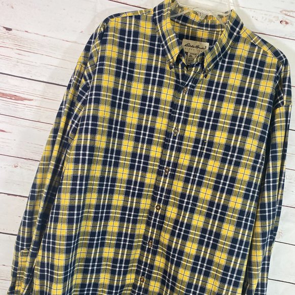 SOLD Eddie Bauer Black & Yellow Plaid Flannel Long Sleeve Shirt NWOT - Picture 2 of 14
